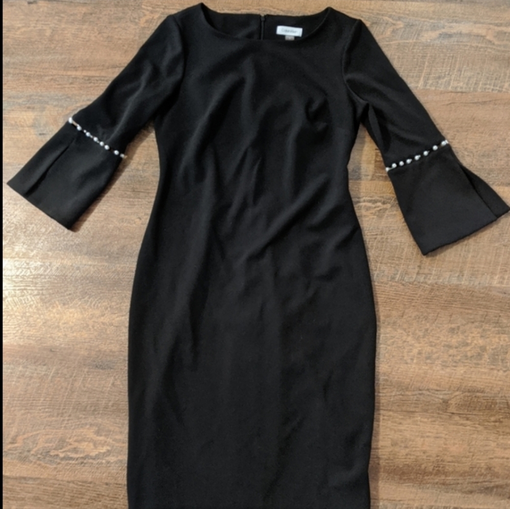 Black Sheath Dress with Pearl Inset Bell Sleeves